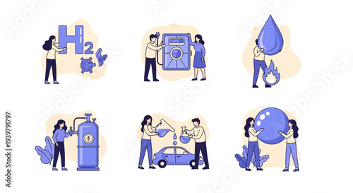 Six illustrations depicting hydrogen energy process steps involving people and equipment