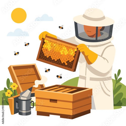 Beekeeper inspecting a honeycomb frame