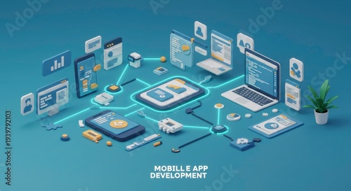 A vibrant digital illustration showcasing mobile app development process with various devices, icons, and graphics connected by glowing blue lines on a gradient blue background
