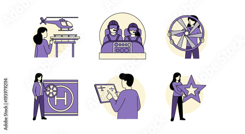 Six purple illustrations depicting aviationrelated activities and symbols