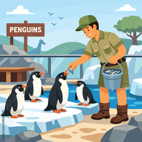 Zookeeper feeding penguins at the zoo