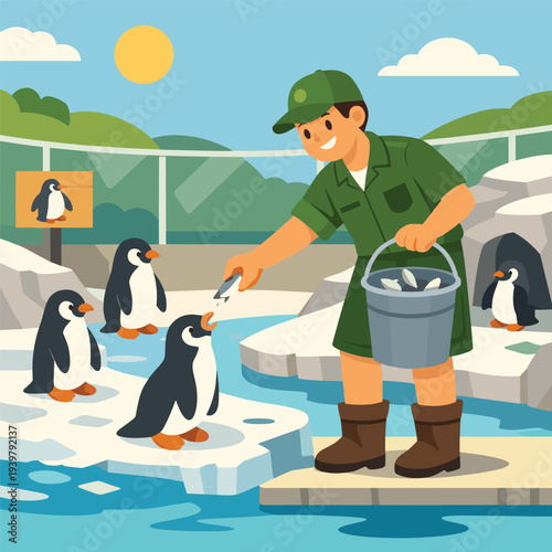 Zookeeper feeding penguins in a wildlife park