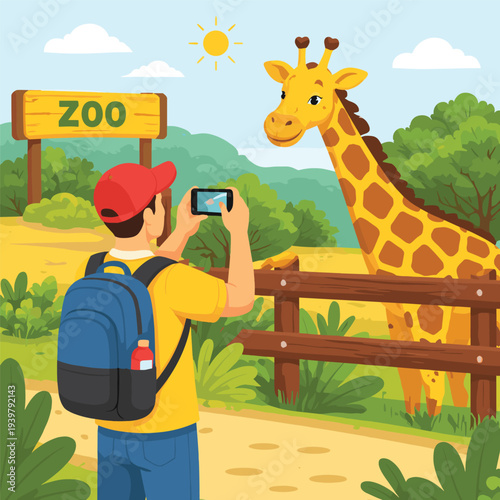 Visitor taking a photo of a giraffe at the zoo