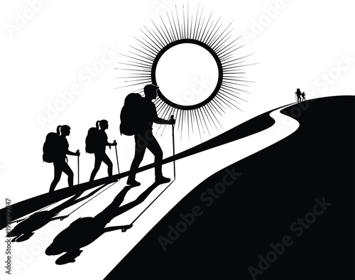 Hikers on a winding path towards the sun