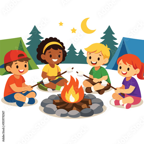 Children roasting marshmallows around a campfire