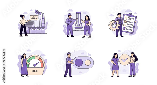 Six vignettes illustrating industrial efficiency heat recovery checklists metering switching and approval