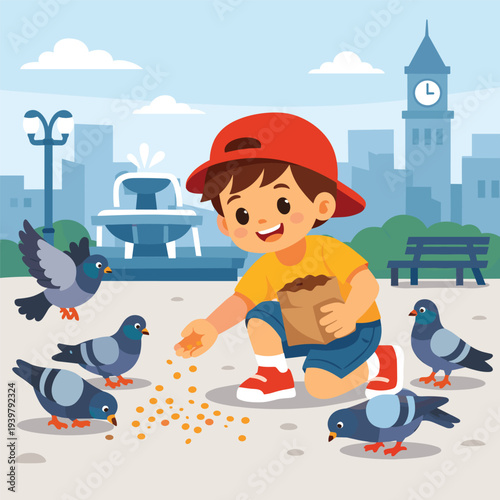 Boy playing with pigeons in a city park