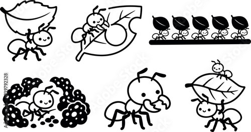 Line art vector close up of smiling ants carrying leaves and berries in playful marching formation with contrast black outline