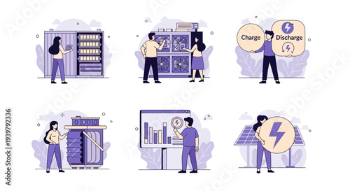Six vignettes illustrating energy storage system components and operations