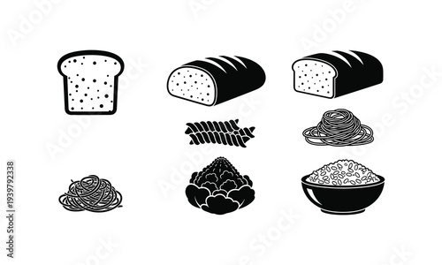 Collection of black and white illustrations depicting bread pasta and seeds