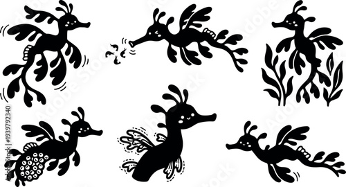 Whimsical kids doodle leafy seadragon set six playful seadragon silhouettes in varied swimming poses flat isolated design