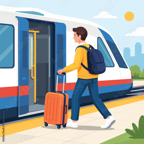 Traveler boarding a train with suitcase