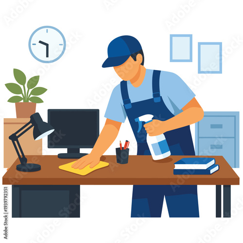 Janitor cleaning office workspace with supplies