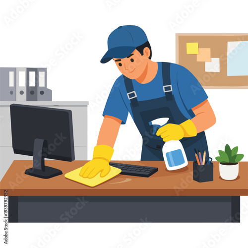 Cleaner disinfecting office desk and computer