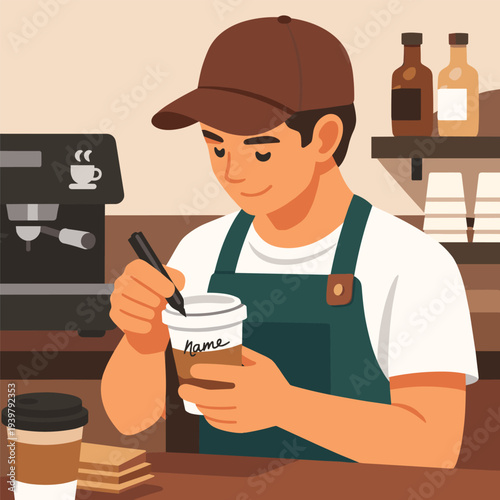 Barista writing name on coffee cup at café