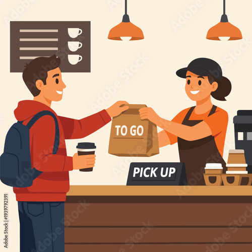 Customer receiving to-go order at coffee shop