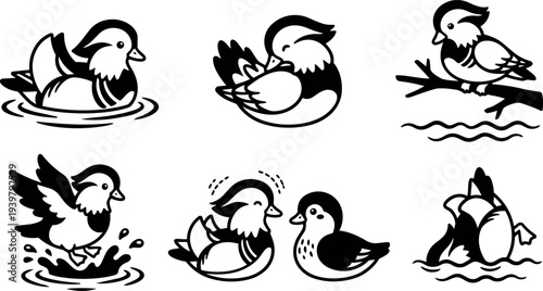 Line art duck icon set showing six stylized mandarin and mallard poses including swimming preening perching splashing close up friendly
