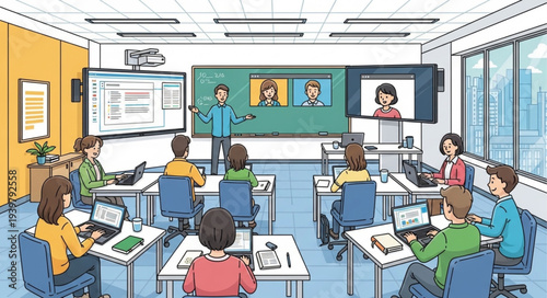 Modern Classroom with Students and Teachers Engaged.