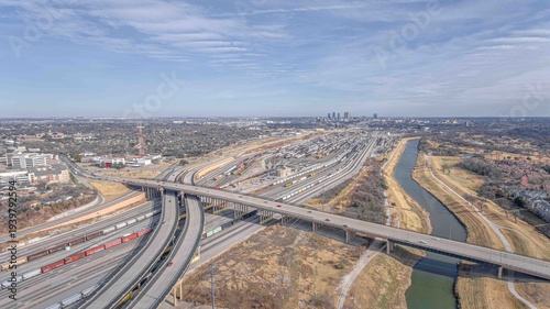 Bild auf Leinwand Aerial View of Fort Worth, Texas: Expansive Rail Yard and City Skyline