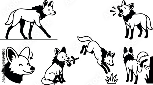 Line art fox icon set showing walking profile, close up ear movement, sitting with twig, playful leaping, barking and tail lift