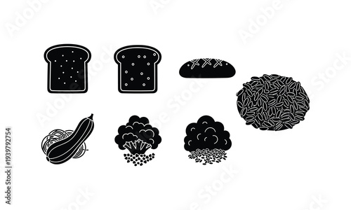 Black and white icons depicting bread vegetables and grain foods
