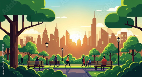 Serene City Park Scene with Trees and Benches.