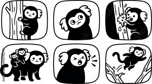 Line art comic panel set showing playful monkey climbing tree, close up, chewing bark, carrying baby and leaping in black silhouette
