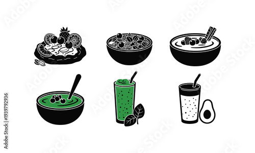 Stylized illustration of various smoothie bowls drinks and fresh fruit