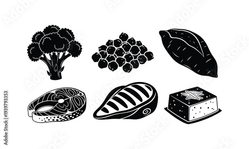 Black and white illustration of various healthy food items