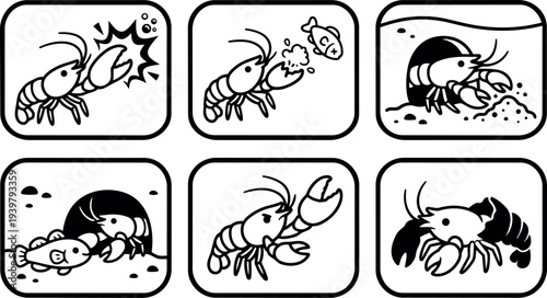 Line art comic panel hermit crab and crayfish icons showing feeding waving claw and shell behaviors in sequential storyboard style