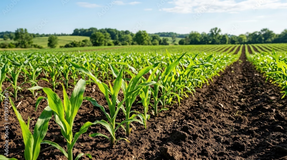 Fototapeta premium Young Cornfield with Furrows and Trees.