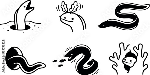 Line art playful eel mascot showing six black and white eel characters peeking swimming hunting fish and hiding among coral