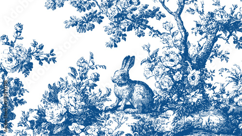 Bunny in the garden among flowers, Easter Illustration Toile de Jouy Style