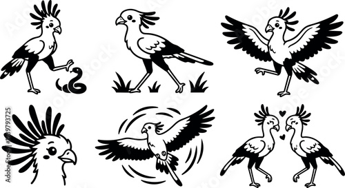 Tattoo flash cockatoo character set showing six playful poses including fighting snake walking flying close up head hovering and loving pair