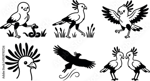 Line art cockatoo icon set showing six poses including hunting snake, walking, flying, head profile and pair interaction in outline