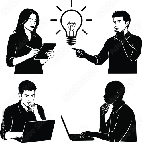 Business people brainstorming and working on computers