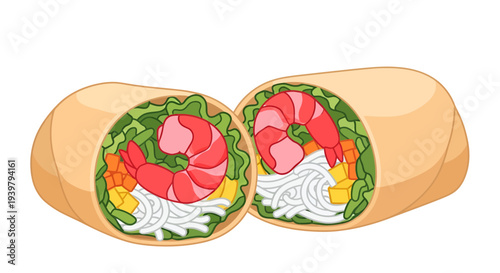 Shrimp spring roll image, vector illustration, food photography, for restaurant menu or asian cuisine.