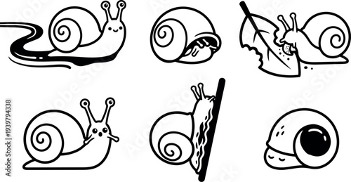 Line art icon set of six cute snail poses showing smiling snail shell close up eating leaf climbing with visible slime trail minimal