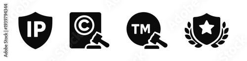 Intellectual property and trademark protection icon set solid black icon set vector illustration