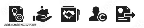 Intellectual property licensing and copyright transfer icon set solid black icon set vector illustration