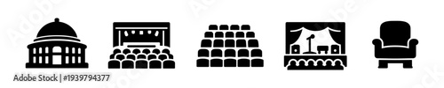 Theater and live performance venue icon set solid black icon set vector illustration