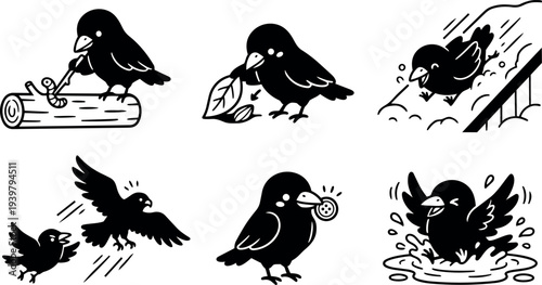 Line art playful crow character icons showing six actions pecking worm holding leaf sliding flying bathing pecking button cartoon