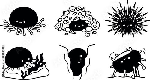 Line art kawaii sea creature icons set close up six smiling marine critters holding shells rocky hideout spiky urchin playful vector