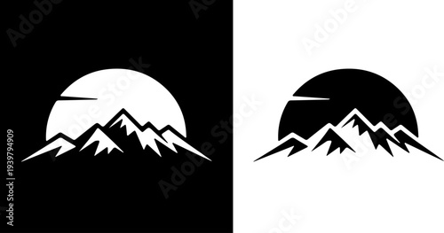 Mountain Range with Sun and Moon Silhouette for Outdoor Adventure and Nature Exploration Logo Design