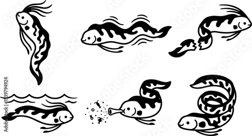 Tattoo flash koi fish set showing six stylized black ink koi in varied poses with flowing fins close up composition dynamic