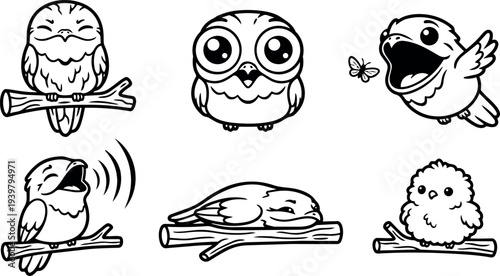 Line art expressive bird character set showing six cute owl and chick poses on branches with playful varied angles closeup