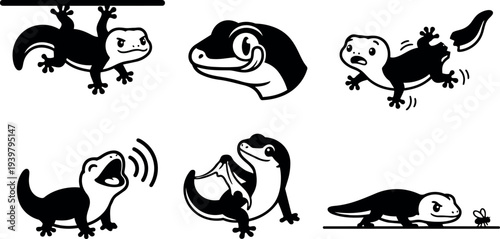 Flat vector gecko icon set showing six playful black lizard poses including climbing, jumping, calling, eating and crawling on white