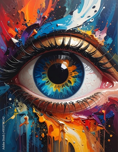 A close-up of a human eye with vibrant splashes of colorful paint, blending surrealism and realism