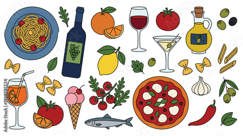 Italian food and drink set with pasta pizza wine and ingredients