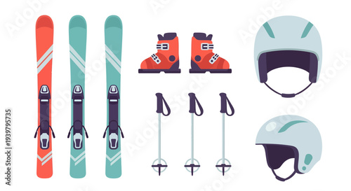 Skiing equipment vector illustration, flat design, for winter sports and recreation